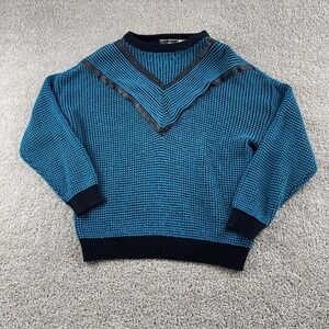 Urban Works Sweater Mens XL Blue Waffle Knit Leather Trim Crewneck Pullover